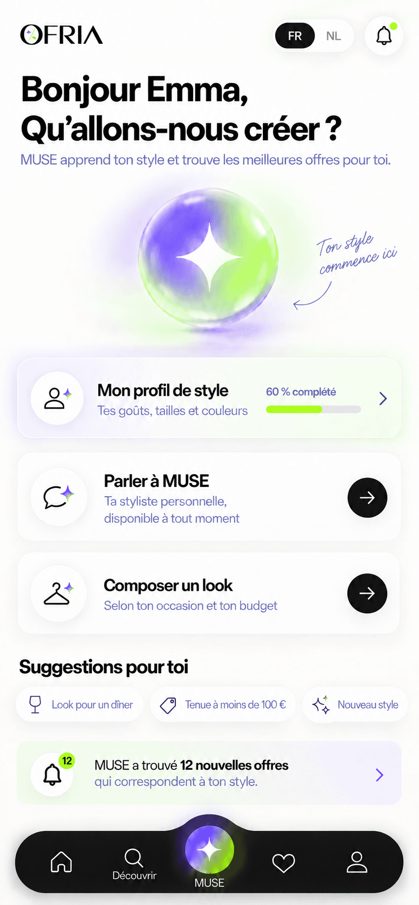 Écran MUSE de l’application OFRIA